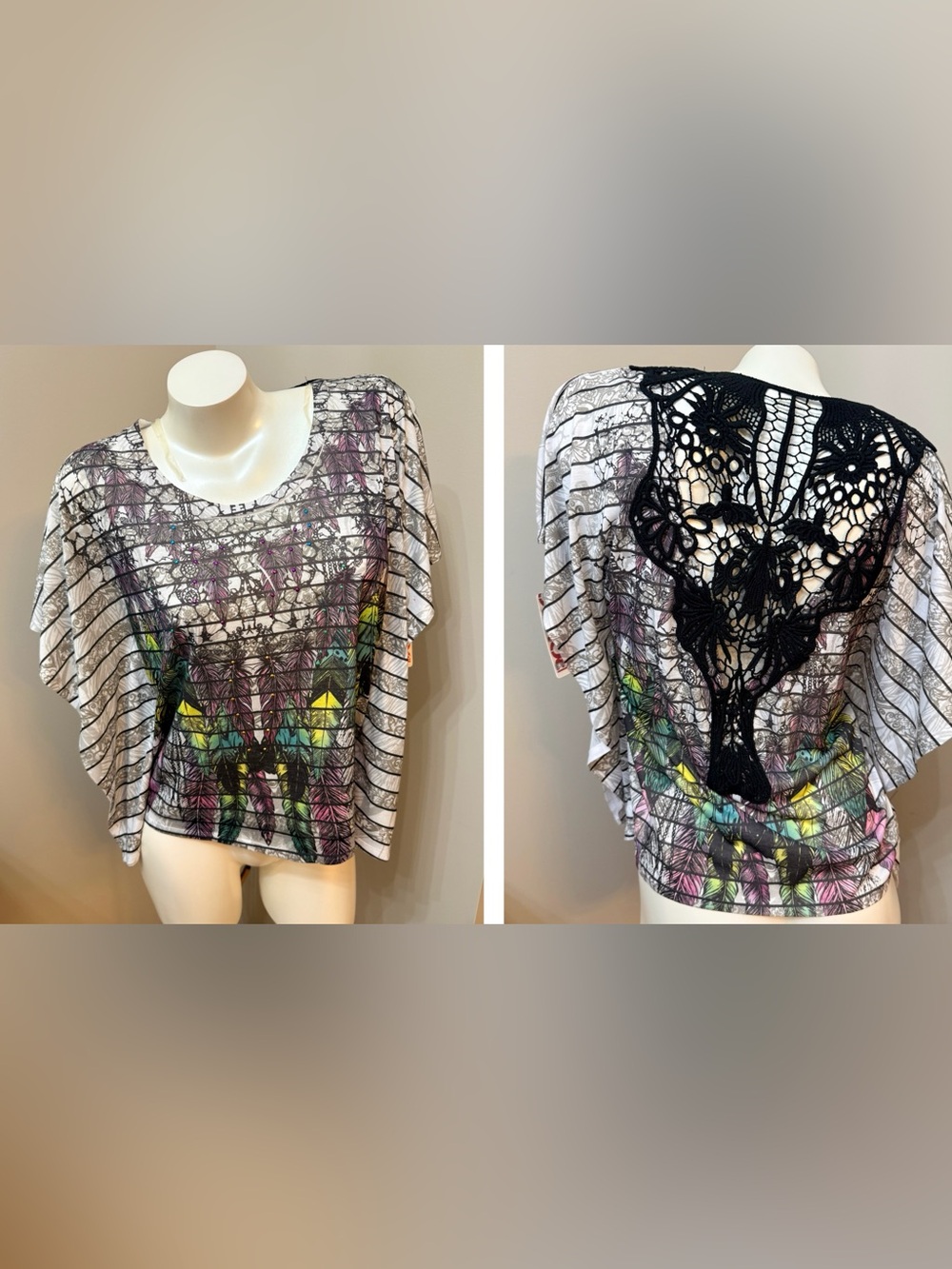 NWT Bongo Y2K Inspired Native Boho Rhinestones Lace Back Kimono sleeve Sz XL